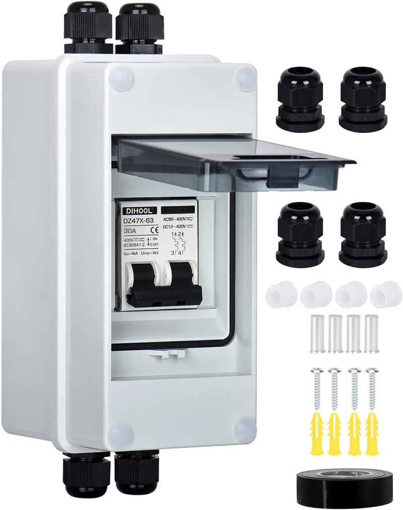 DIHOOL AC DC Circuit Breaker with IP65 Din Box for Solar Systems, 30 Amp 2 Pole 12V-400V, Non Polarized, Solar Panel Disconnect Switch, PV Array Shut Off Isolator - Image 1